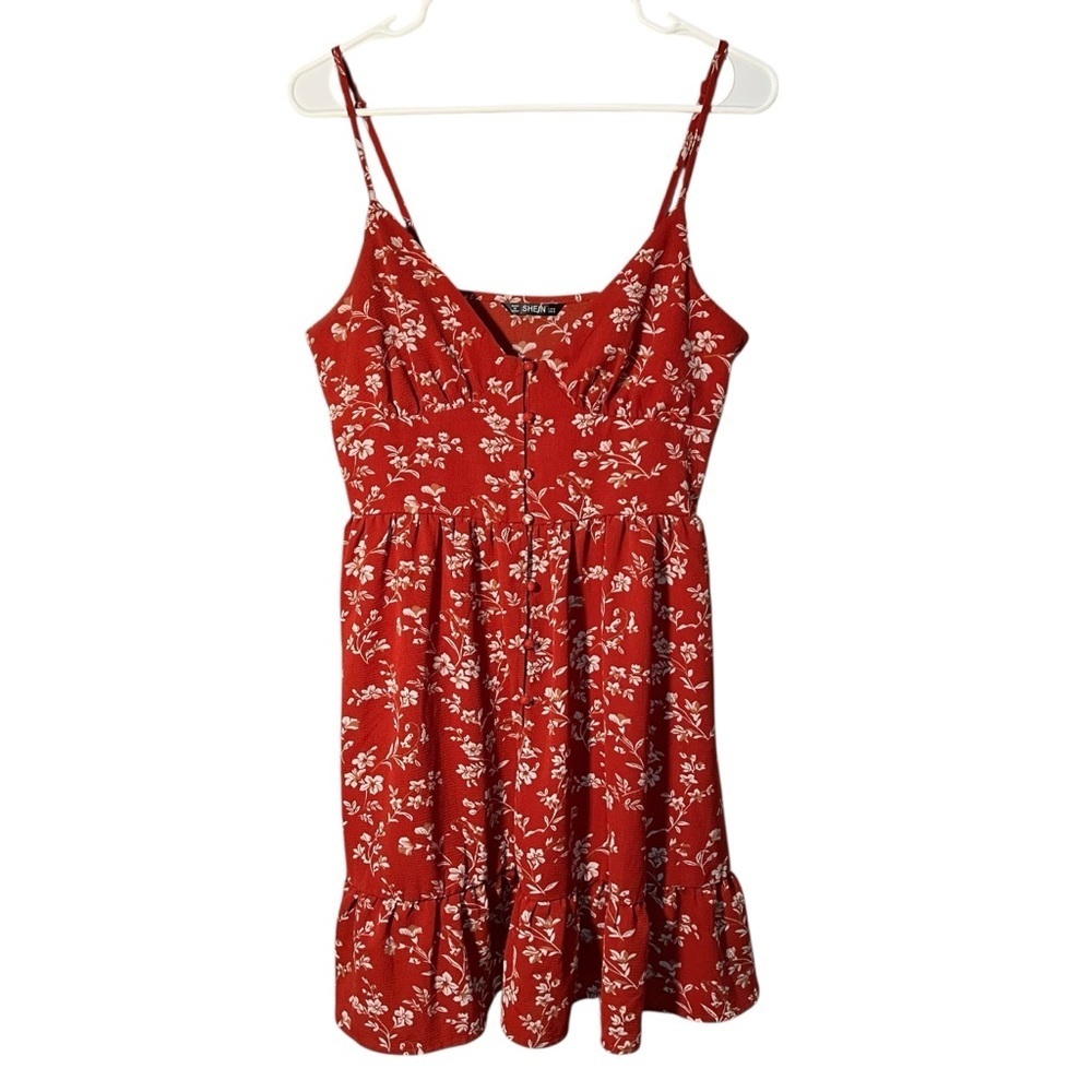 Shein Sleeveless Mini Dress Red‎ White Floral Ruffle Hem Button Front M